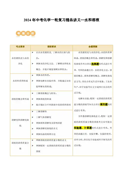2024年中考化学一轮复习精品讲义—水和溶液