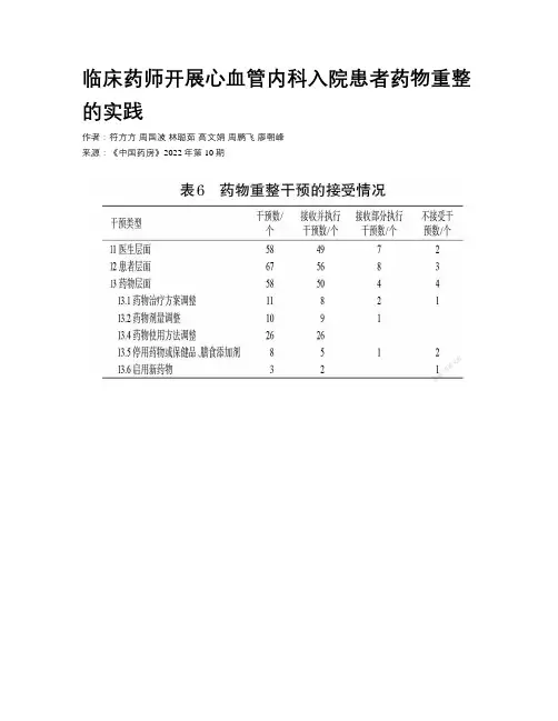 临床药师开展心血管内科入院患者药物重整的实践