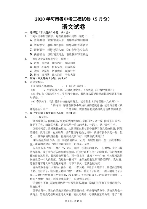2020年河南省中考语文三模试卷及解析(5月份)