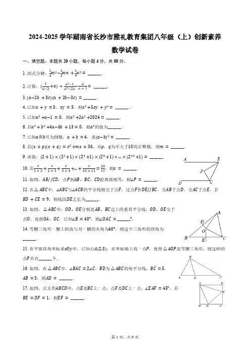 2024-2025学年湖南省长沙市雅礼教育集团八年级(上)创新素养数学试卷(含答案)
