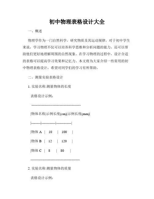 初中物理表格设计大全