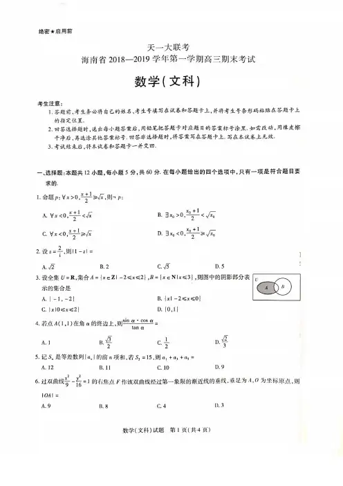 天一大联考海南省2018-2019 学年第一学期高三期末考试数学( 文科)试题及答案