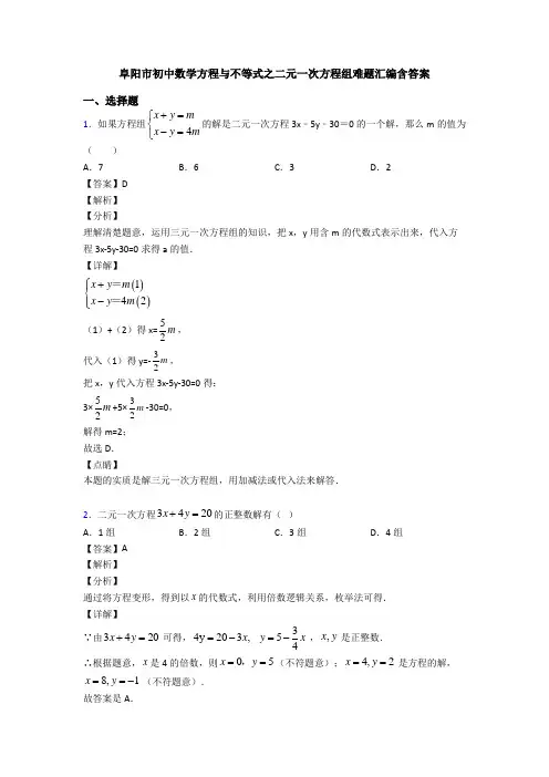 阜阳市初中数学方程与不等式之二元一次方程组难题汇编含答案