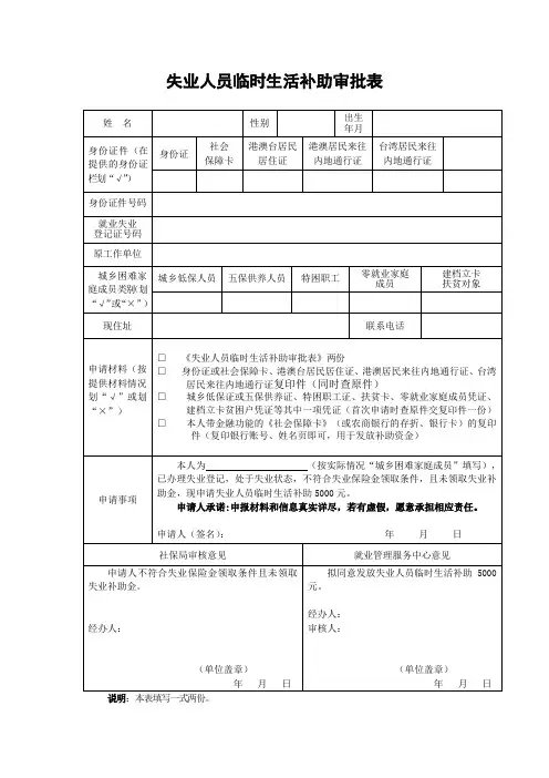 失业人员临时生活补助审批表