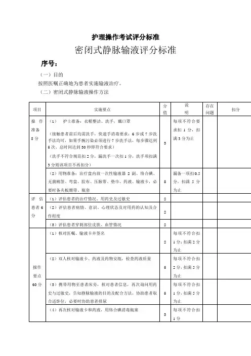 护理操作考试评分标准