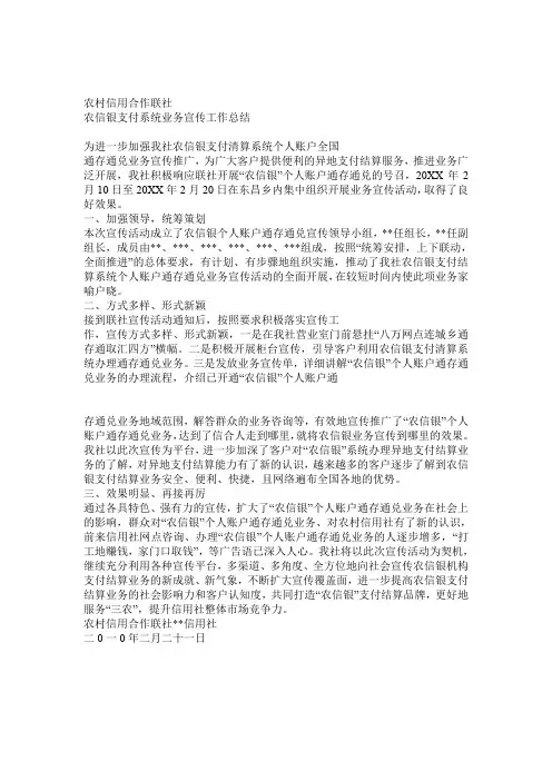 农信银支付系统业务宣传工作总结