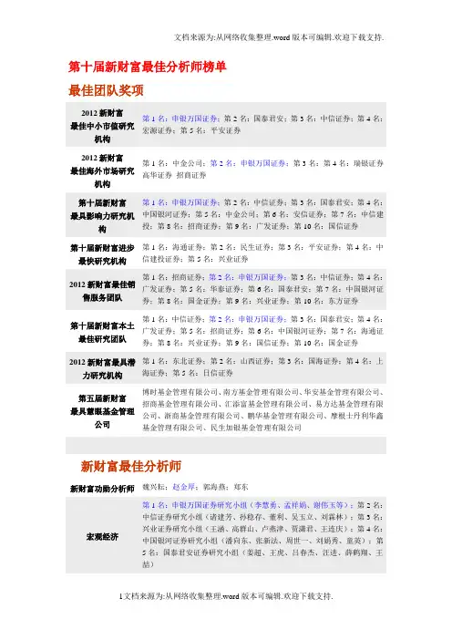 申银万国第十届新财富最佳分析师榜单121203