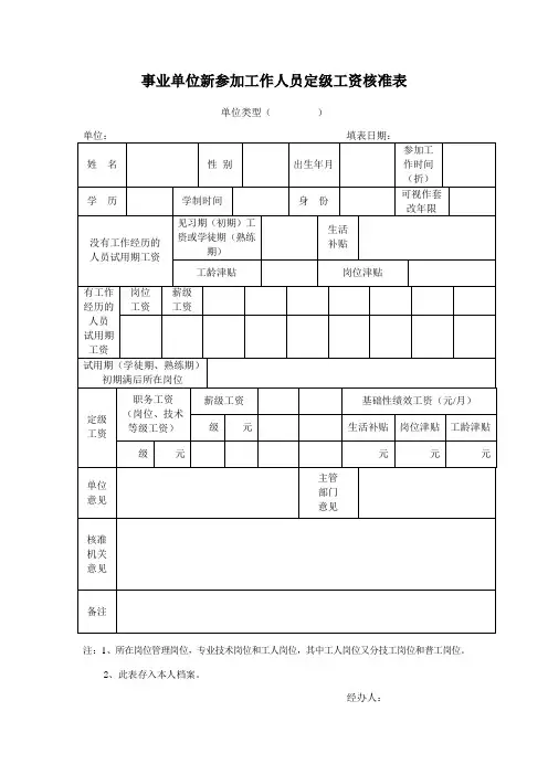 事业单位新参加工作人员定级工资核准表