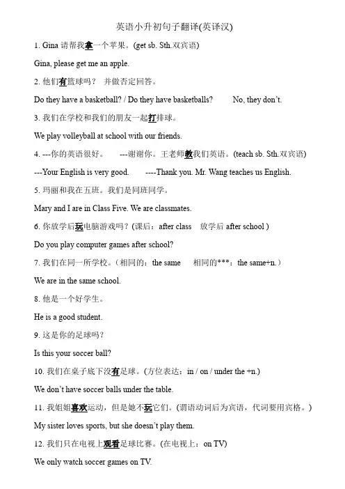 英语小升初句子翻译(英译汉)
