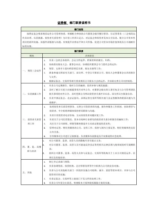 证券部部门职责说明书(整理版)