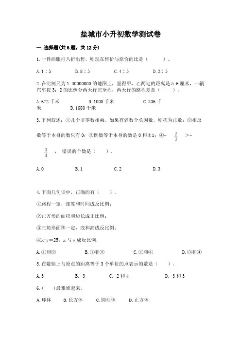 盐城市小升初数学测试卷完整版