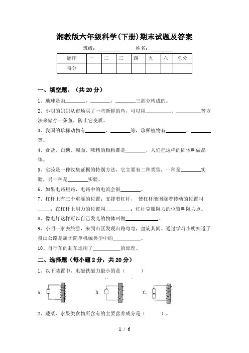 湘教版六年级科学(下册)期末试题及答案