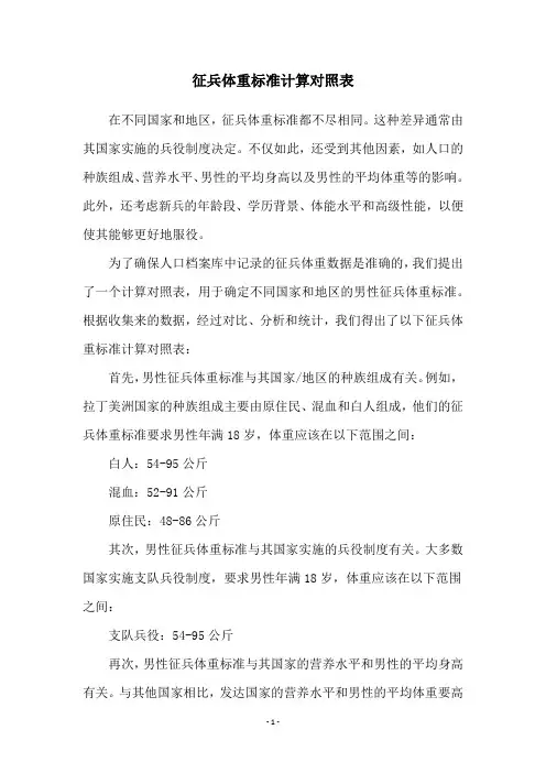 征兵体重标准计算对照表