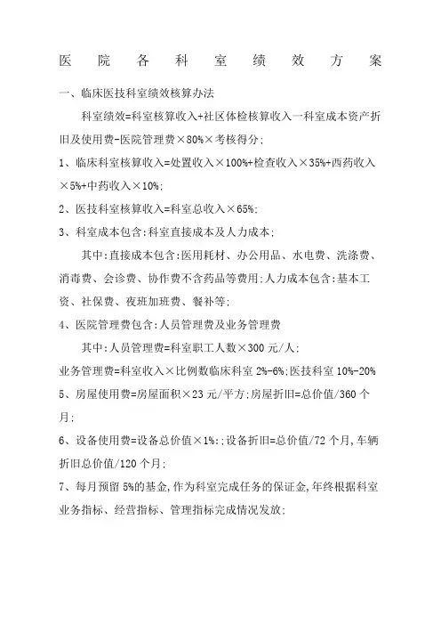 医院各科室绩效方案