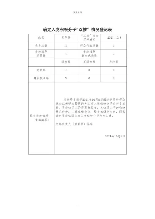 确定入党积极分子“双推”情况登记表