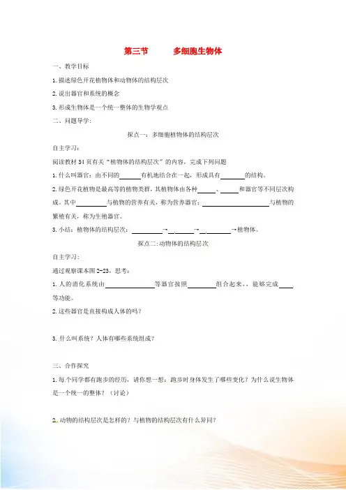 七年级生物上册 第一单元 第二章 第三节 多细胞生物体导学案2