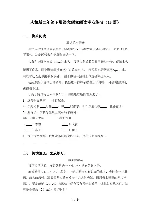 人教版二年级下册语文短文阅读考点练习(15篇)