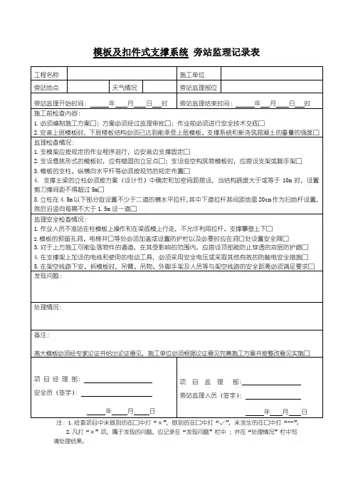 高大模板及支撑系统 旁站监理记录表