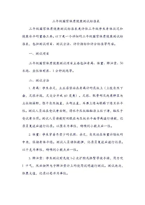 三年级国家体质健康测试标准表