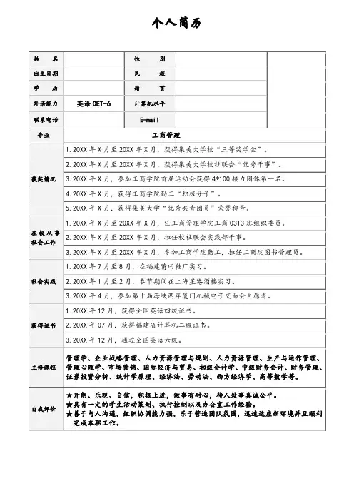 工商管理专业个人简历模板 