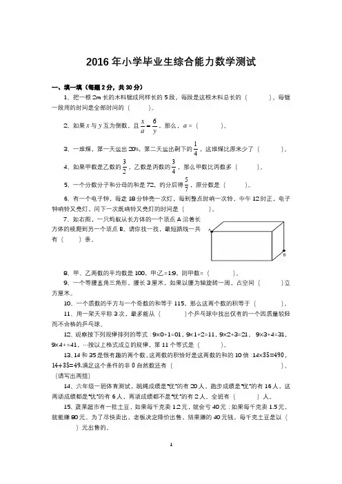 2016年小学毕业生综合能力数学测试