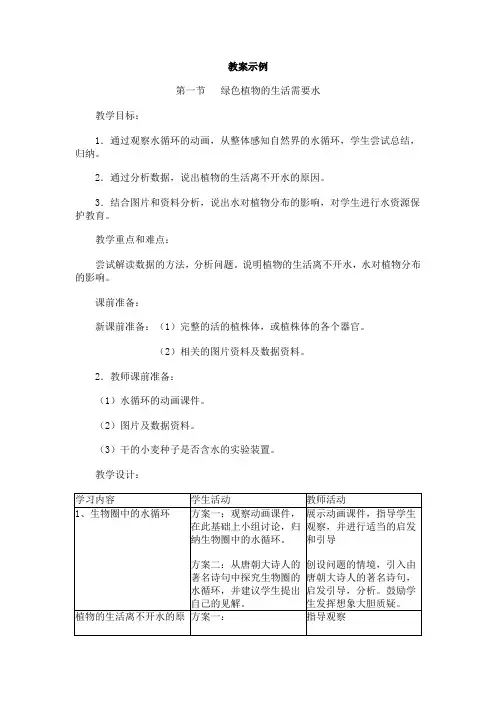 绿色植物的生活需要水-教案示例