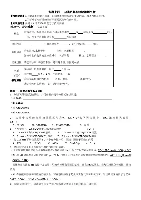 专题十四盐类水解和沉淀溶解平衡