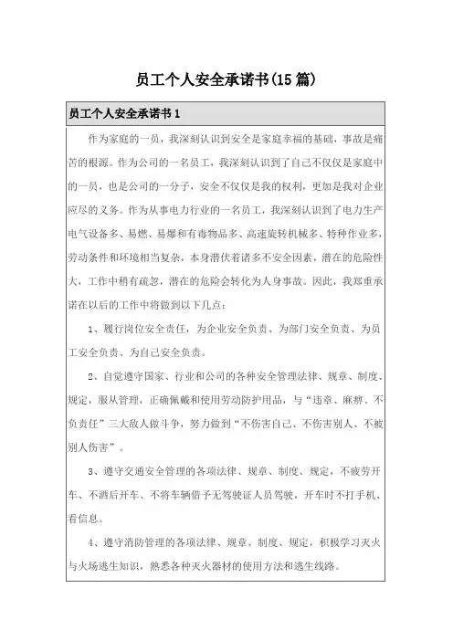 员工个人安全承诺书(15篇)