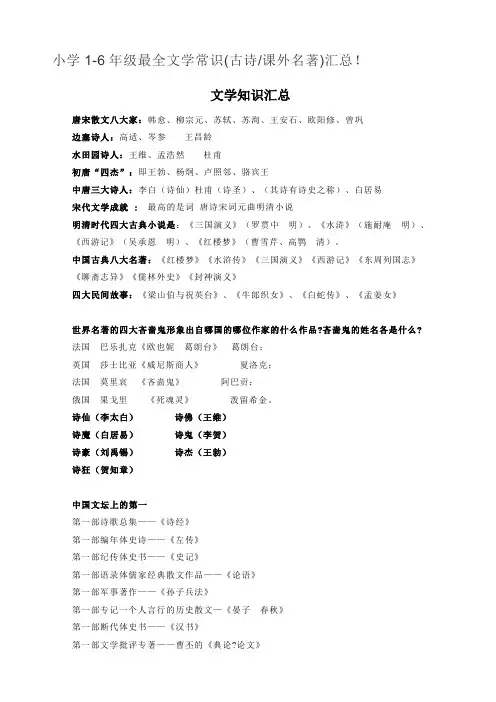 小学1-6年级最全文学常识(古诗课外名著)汇总!