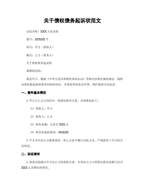关于债权债务起诉状范文