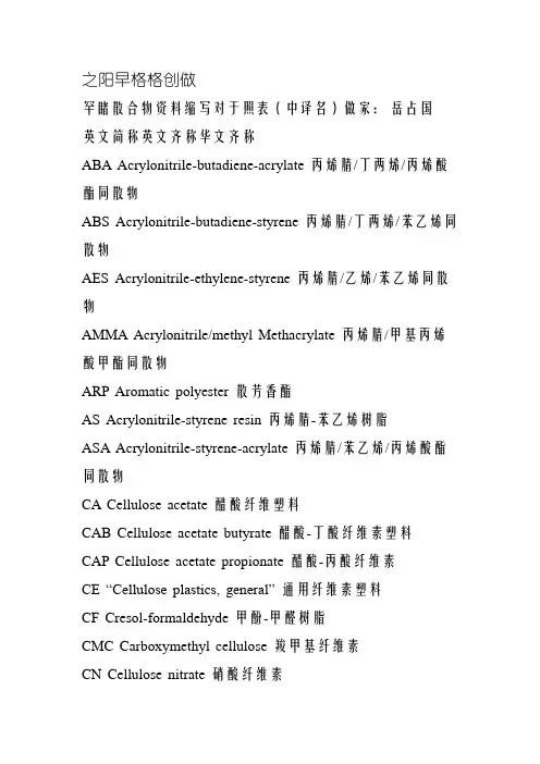 常见聚合物材料缩写对照表