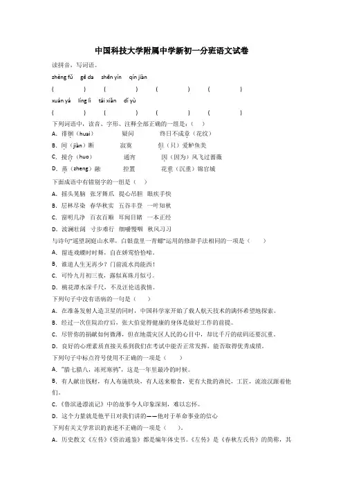 中国科技大学附属中学新初一分班语文试卷