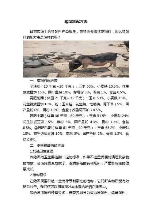 猪饲料配方表
