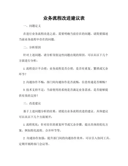业务流程改进建议表