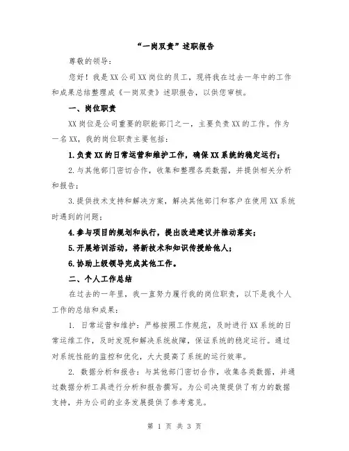 “一岗双责”述职报告