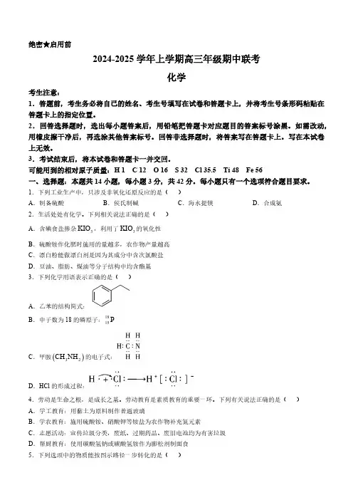 安徽省合肥市卓越中学2024-2025学年高三上学期期中考试化学试卷(含答案)