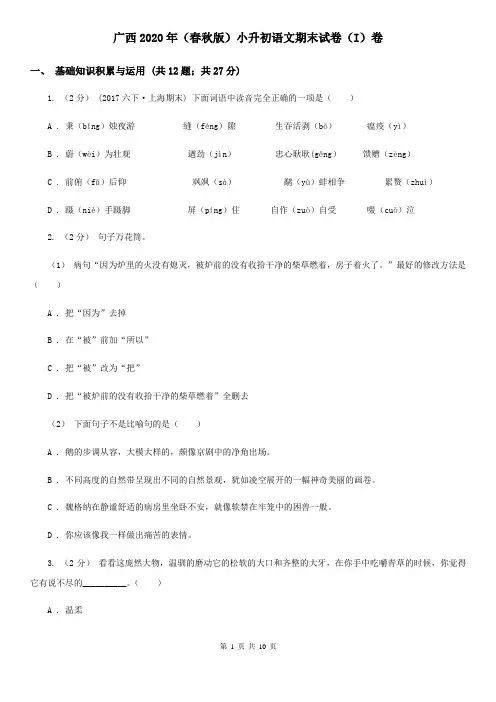 广西2020年(春秋版)小升初语文期末试卷(I)卷