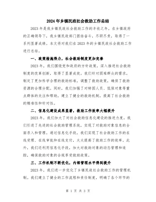 2024年乡镇民政社会救助工作总结