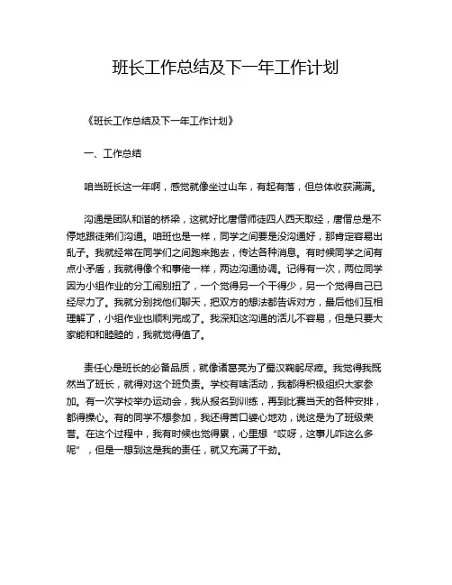 班长工作总结及下一年工作计划
