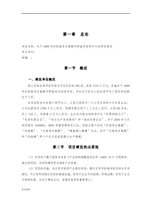 年产4000吨对羟基苯甘氨酸邓钾盐项目的可行性实施报告