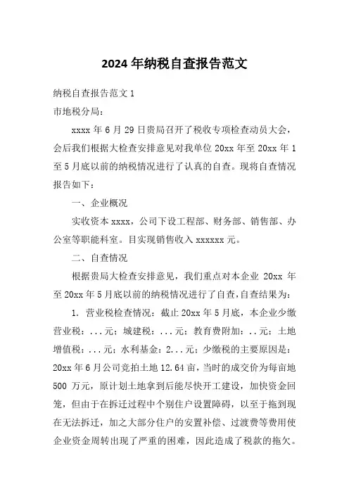 2024年纳税自查报告范文