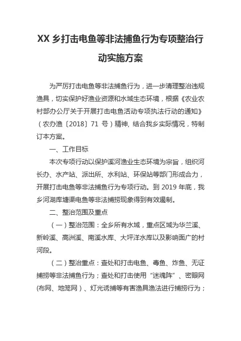 XX乡打击电鱼等非法捕鱼行为专项整治行动实施方案
