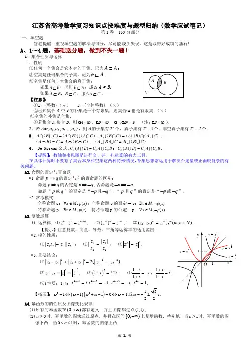 江苏省高考数学复习知识点按难度与题型归纳(数学应试笔记)