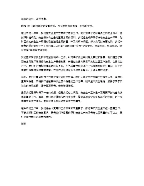煤矿安全副矿长述职报告