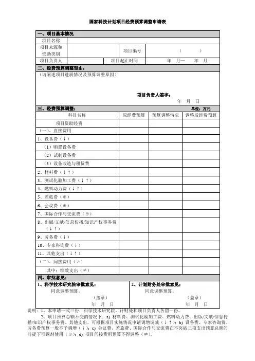 国家科技计划项目经费预算调整申请表