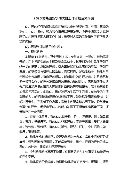 2020幼儿园新学期大班工作计划范文5篇