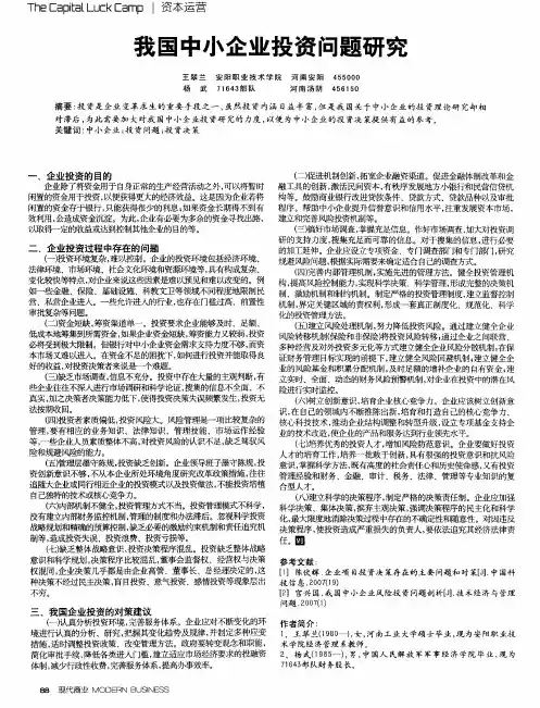 我国中小企业投资问题研究