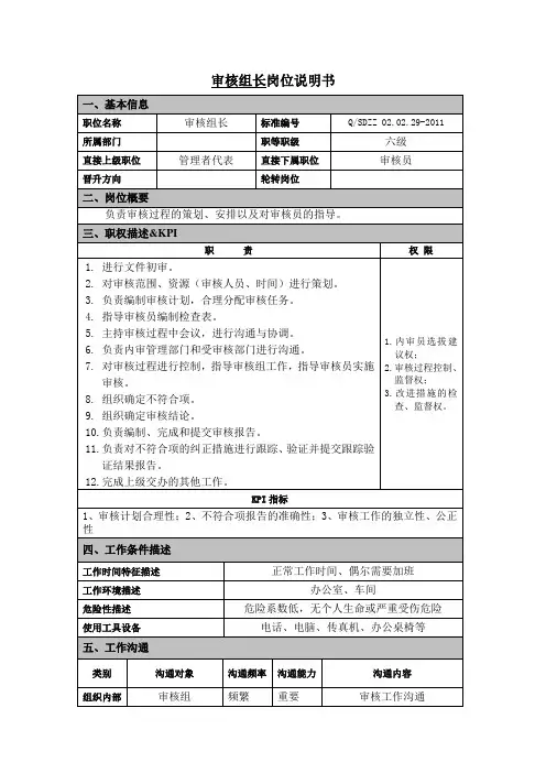 审核组长岗位说明书(终稿2011.8.8)
