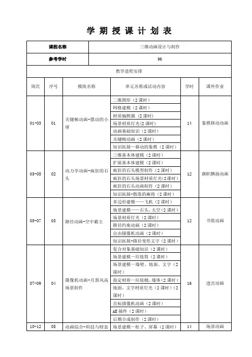 《三维动画设计与制作》教学日历