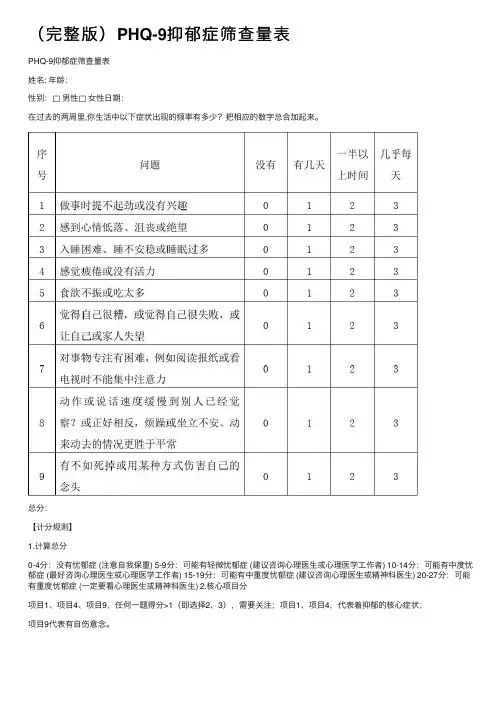（完整版）PHQ-9抑郁症筛查量表